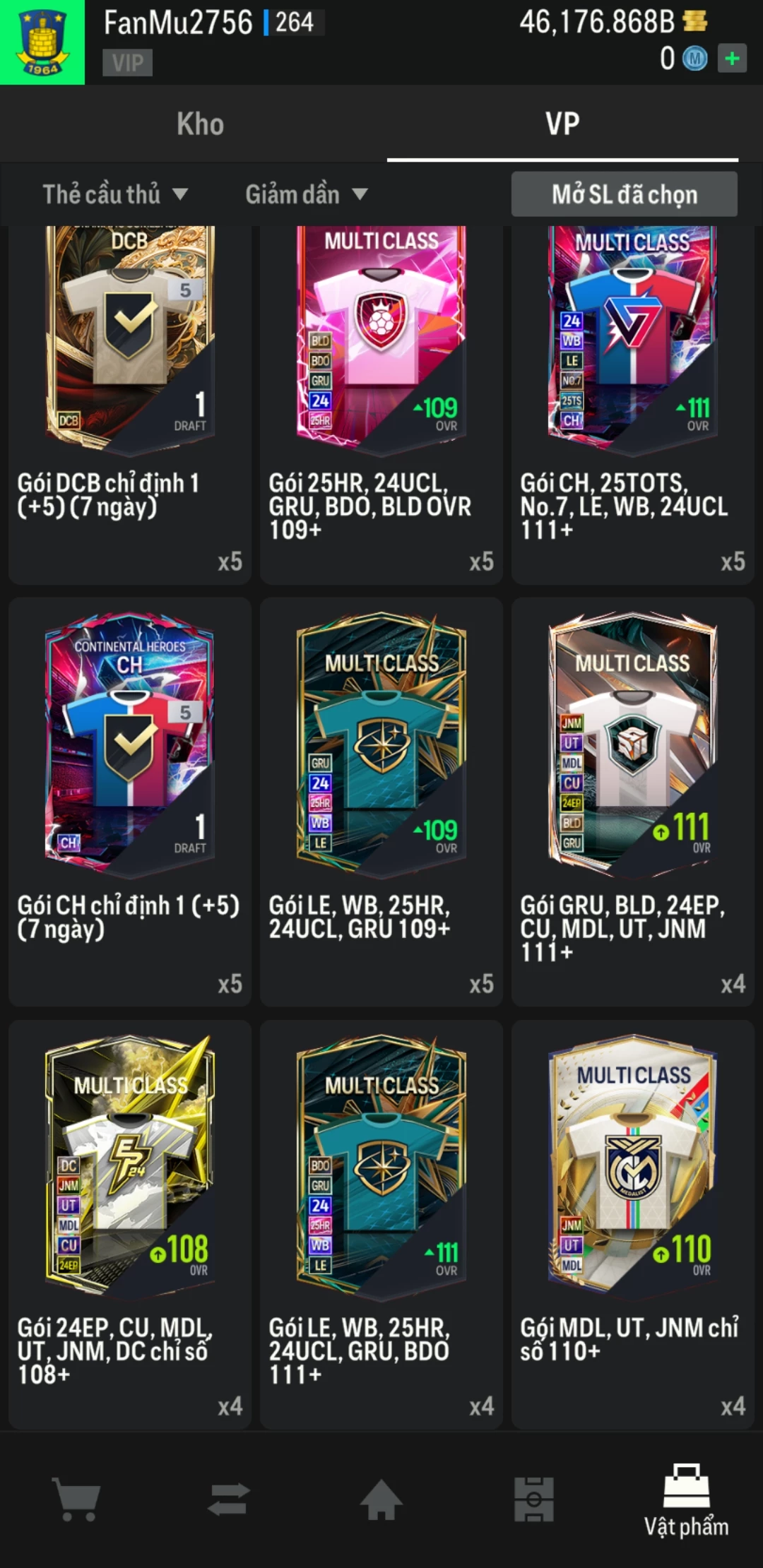 Ảnh ACC mở thẻ (LOẠI SVIP PROMAX) bao gồm có thẻ +12, thẻ Prime (có QH, CP, XS) và 1500+ đến 2000+ thẻ cầu thủ từ Siêu sao đến Miền núi các loại khác. Có sẵn BP trắng trong acc từ 40.000 tỷ BP đến 46.000 tỷ BP kèm theo nhiều ngày SVIP